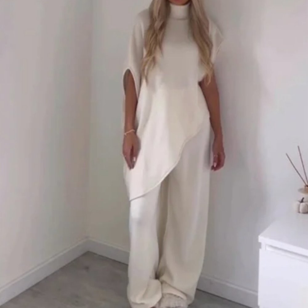 ISO Zara soft asymmetrical top pants set ecru XS S